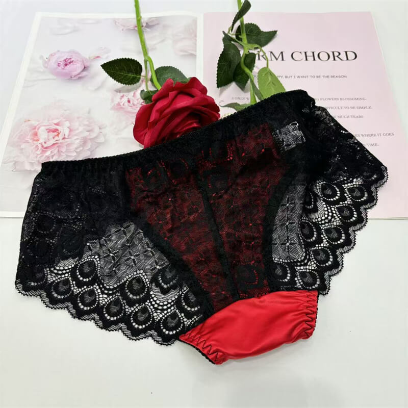 Sexy Red Satin & Black Lace Panties - Cissify